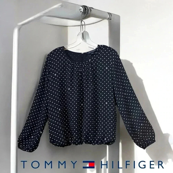 Tommy Hilfiger, Polka-Dot Gathered Neckline Balloon Sleeve  Blouse, Med, Navy - Picture 1 of 9